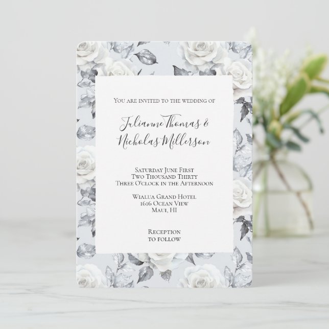 Invitación Boda floral rosa blanco rosa gris romántico (Anverso de pie)