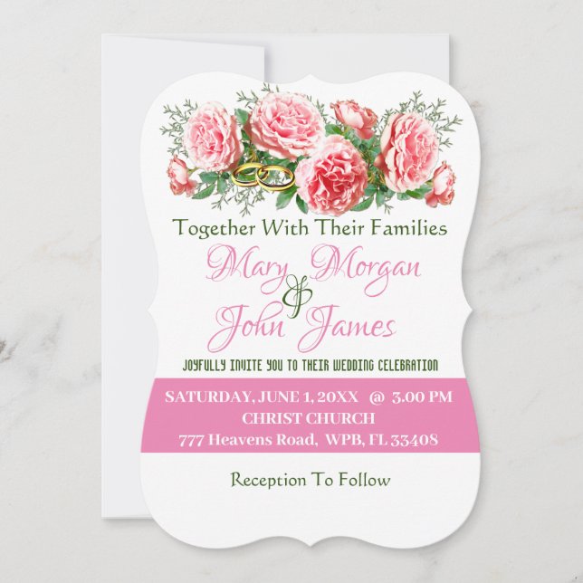 Invitación Boda floral rosa, blanco y verde (Anverso)