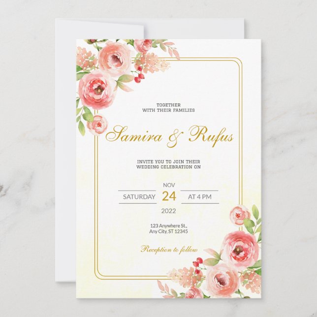 Invitación Boda floral rosa bohemio (Anverso)