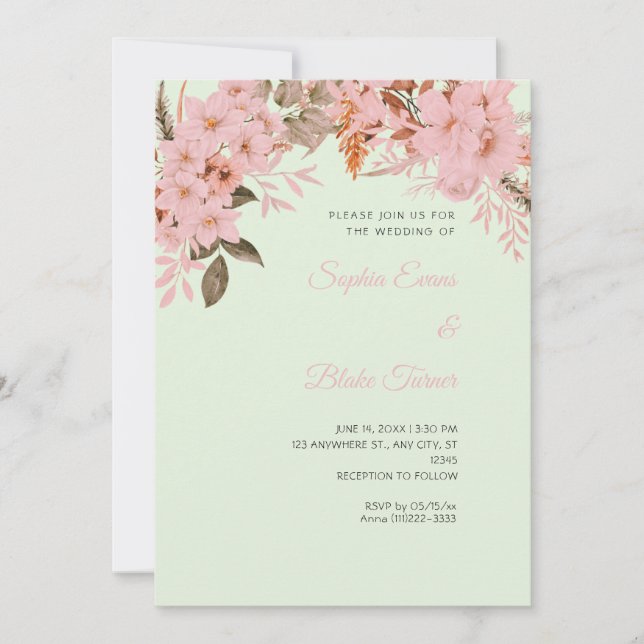 Invitación Boda Floral Rosa Boho de Invierno Verde Claro (Anverso)