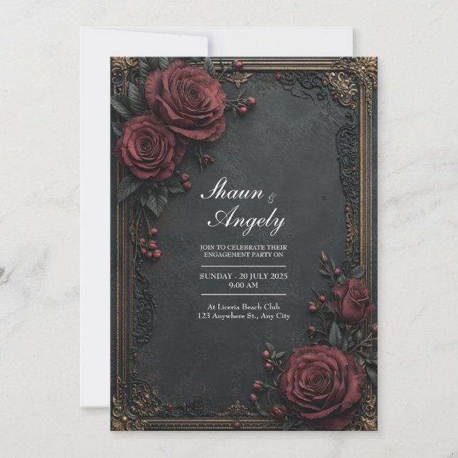 Invitación Boda Floral Rosa Borgoña Carbón Oscuro (Anverso)