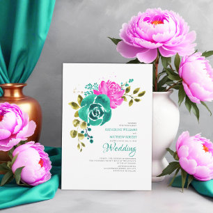 Invitación Boda floral rosa brillante verde azulado