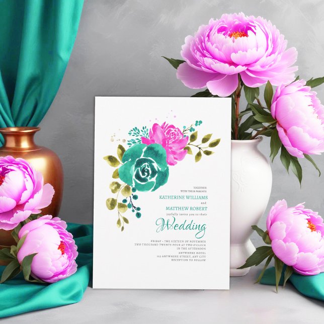 Invitación Boda floral rosa brillante verde azulado (Subido por el creador)
