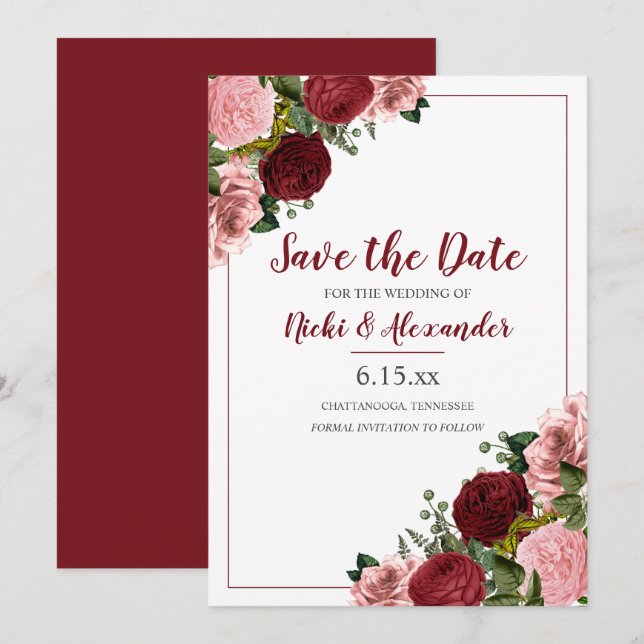 Invitación Boda Floral Rosa Burdeos Blanco Fecha de Guardado (Anverso / Reverso)