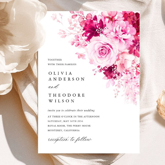 Invitación Boda floral rosa caliente (Hot Pink Floral Wedding Invitation, Fuchsia Rose Watercolor Wedding Invite, Romantic Garden Wedding)