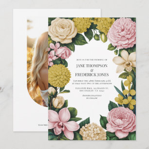 Invitación Boda floral rosa, champán y dorado