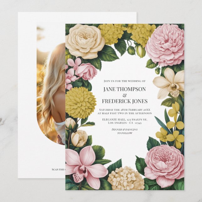 Invitación Boda floral rosa, champán y dorado (Anverso / Reverso)