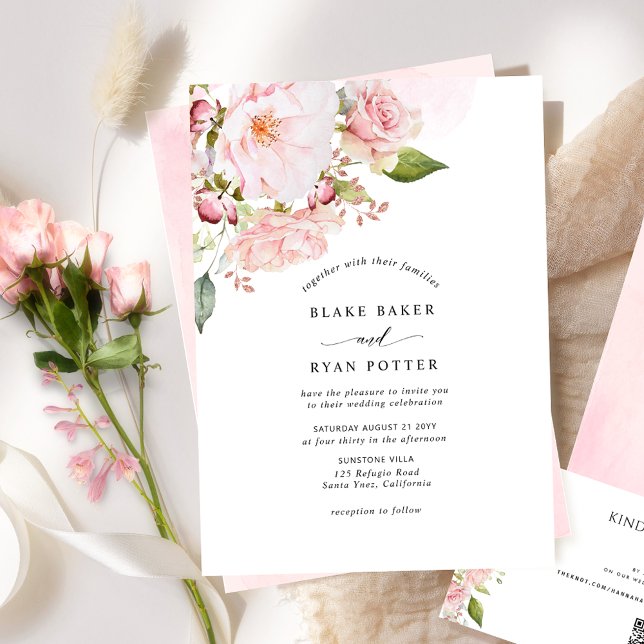 Invitación Boda floral rosa chic y rosa rubor (Subido por el creador)
