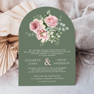 Invitación Boda floral rosa claro eucalipto verde salvia