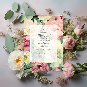 Invitación Boda floral rosa claro, marfil y verde salvia