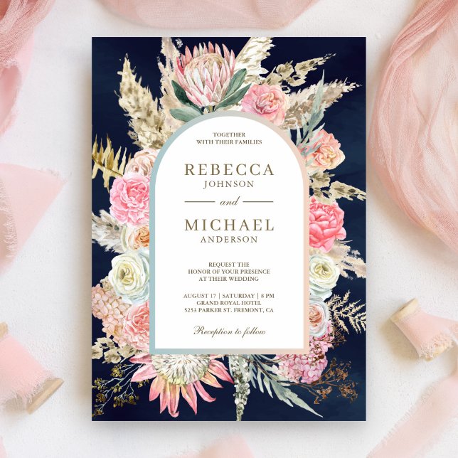 Invitación Boda Floral Rosa Claro Rústico Pampas Azul Marino (Subido por el creador)