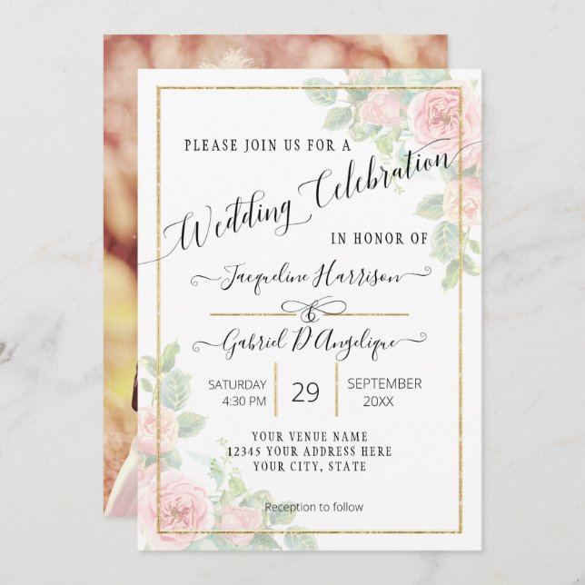 Invitación Boda floral rosa con acuarela dorada de letra eleg (Anverso / Reverso)