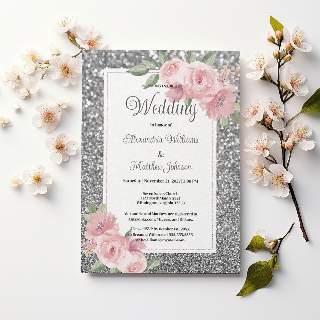 Invitación Boda floral rosa con brillo plateado  (Silver sparkly glitter pink floral Wedding )