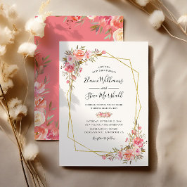 Invitación Boda Floral Rosa con Marco Dorado Hermoso Rubor