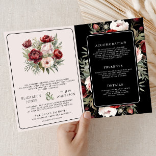 Invitación Boda floral rosa con rubor de Borgoña negro y mela