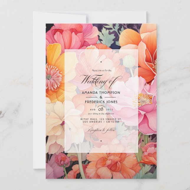 Invitación Boda floral rosa, coral y Naranja (Anverso)