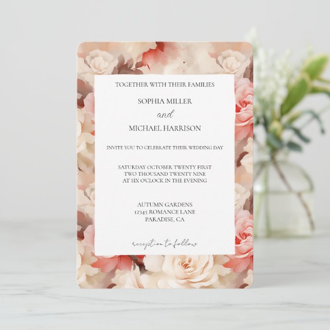 Invitación Boda floral rosa crema bonito (Anverso de pie)