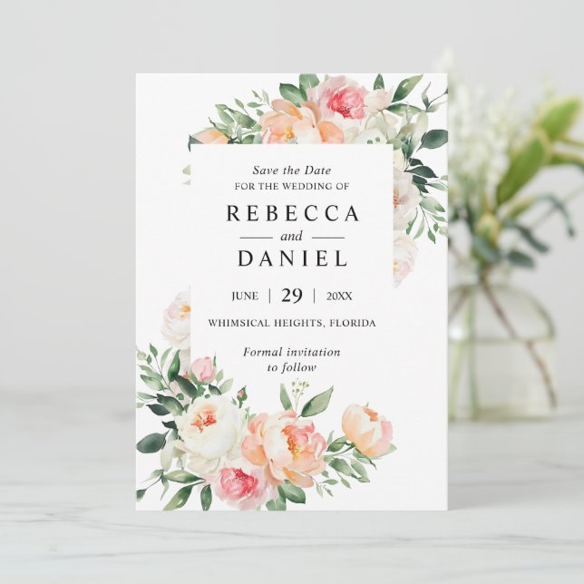 Invitación Boda floral rosa de Borgoña y Rubor salvan la fech (Anverso de pie)