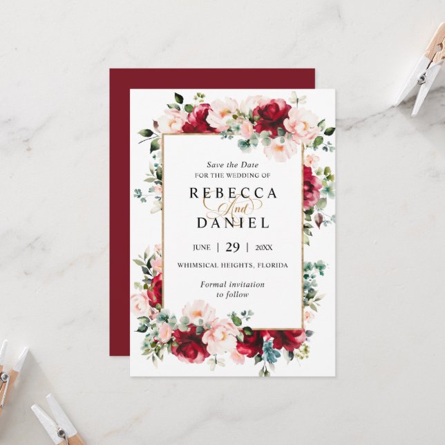 Invitación Boda floral rosa de Borgoña y Rubor salvan la fech (Anverso/Reverso In Situ)