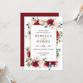 Invitación Boda floral rosa de Borgoña y Rubor salvan la fech