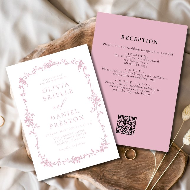 Invitación Boda Floral rosa de código QR de cosecha victorian (Subido por el creador)