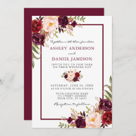 Invitación Boda floral rosa de color de agua de Borgoña