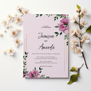Invitación Boda floral rosa de color lila verde agua