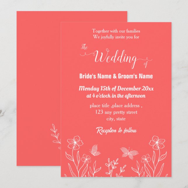 Invitación Boda floral rosa de coral romántico elegante (Anverso / Reverso)