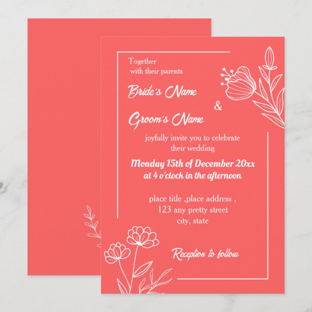 Invitación Boda floral rosa de coral romántico elegante (Anverso / Reverso)