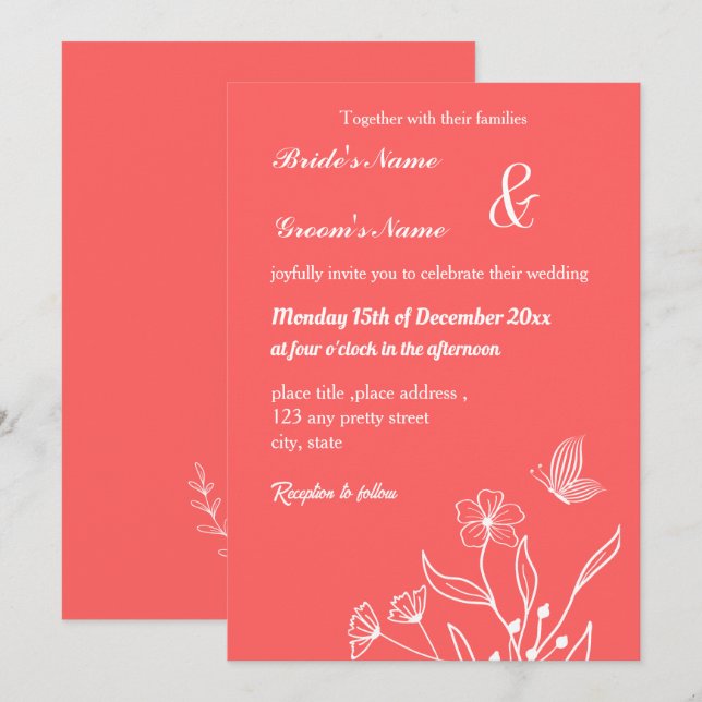 Invitación Boda floral rosa de coral romántico elegante (Anverso / Reverso)