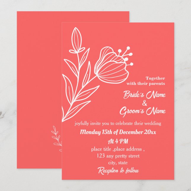 Invitación Boda floral rosa de coral romántico elegante (Anverso / Reverso)