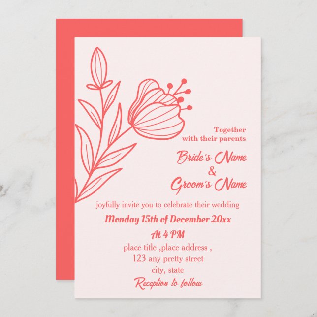 Invitación Boda floral rosa de coral romántico elegante (Anverso / Reverso)