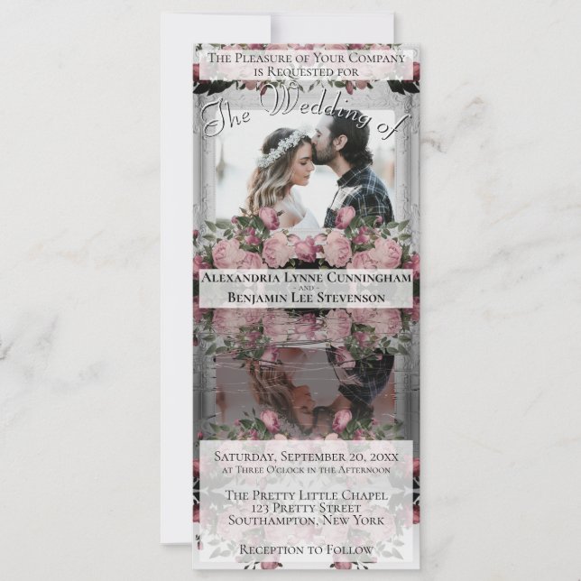 Invitación Boda floral Rosa de Fotomontología Reflejante Boho (Anverso)