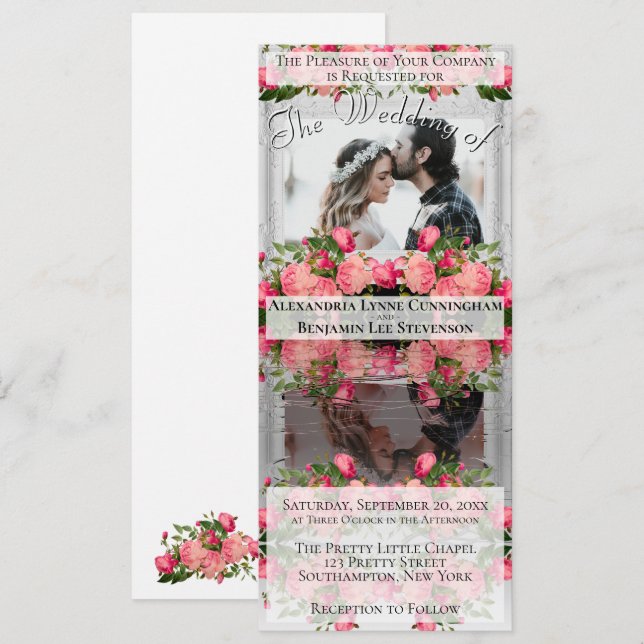 Invitación Boda Floral Rosa de Fotos Único Reflejante (Anverso / Reverso)