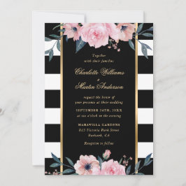 Invitación Boda floral rosa de franja blanca y color de agua 