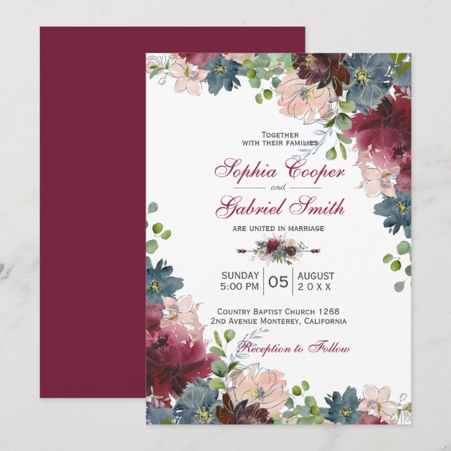 Invitación Boda floral rosa de la Marina Borgoña Botánica Mod (Anverso / Reverso)