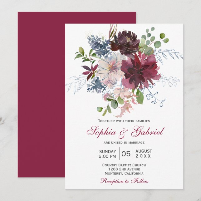 Invitación Boda floral rosa de la Marina Borgoña Botánica Mod (Anverso / Reverso)