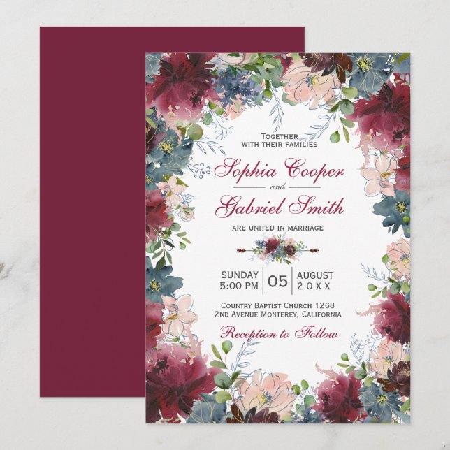 Invitación Boda floral rosa de la Marina Borgoña Botánica Mod (Anverso / Reverso)