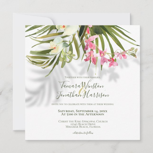 Invitación Boda floral rosa de la vegetación tropical de la p (Anverso)