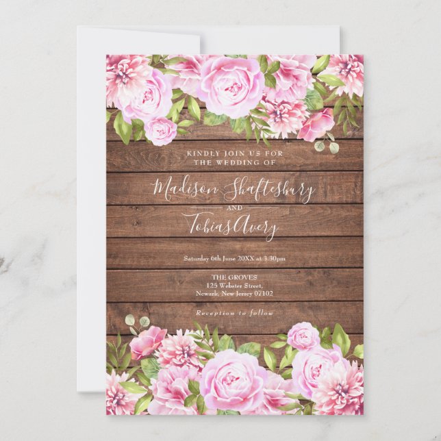 Invitación Boda floral rosa de madera rústica (Anverso)