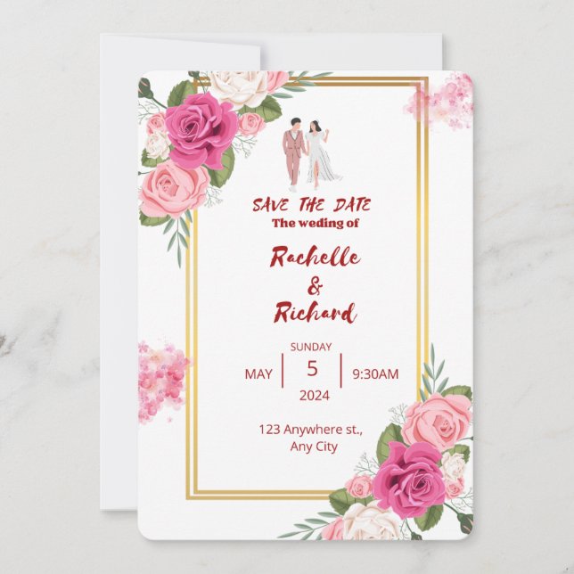 Invitación boda floral rosa de marco dorado clásico (Anverso)