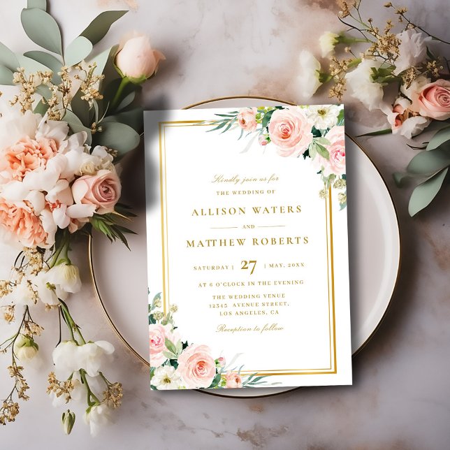 Invitación boda floral rosa de marco dorado clásico (Subido por el creador)