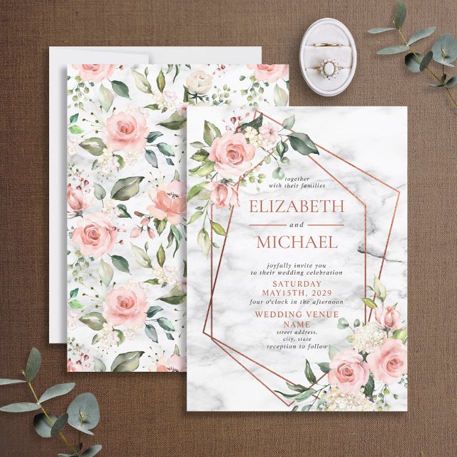 Invitación Boda floral rosa de mármol geométrico de cobre (Subido por el creador)