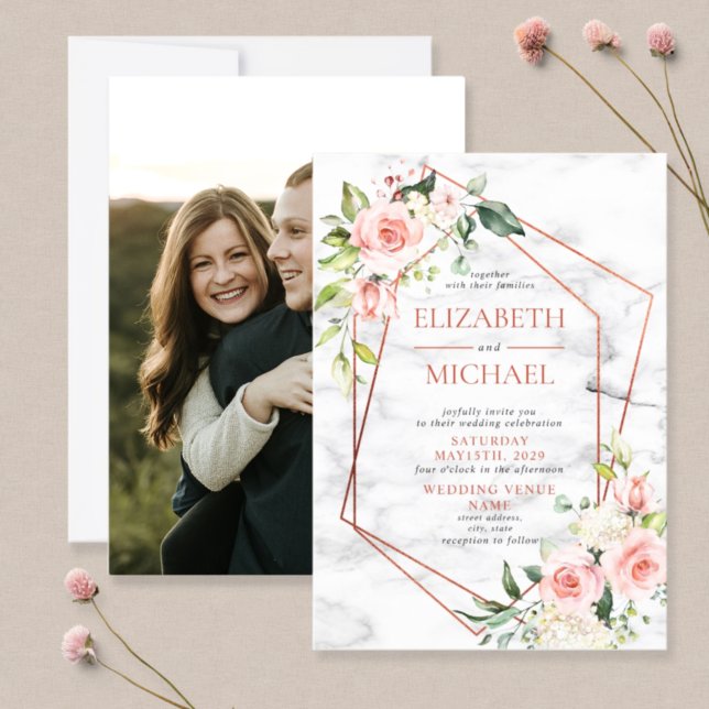 Invitación Boda floral rosa de mármol geométrico de cobre (Subido por el creador)