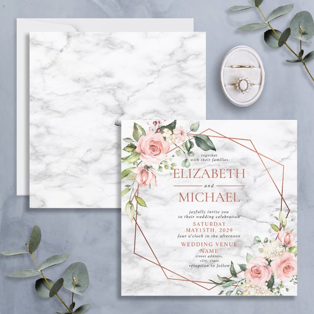 Invitación Boda floral rosa de mármol geométrico de cobre cua (Subido por el creador)