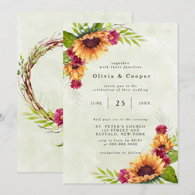 Invitación Boda floral rosa de primavera de girasoles (Anverso / Reverso)