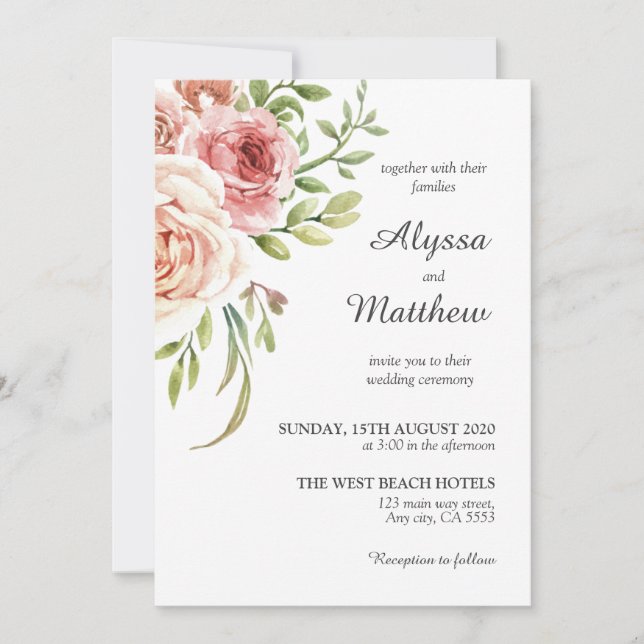 Invitación Boda floral rosa de rosas rojas romanas de Rubor (Anverso)