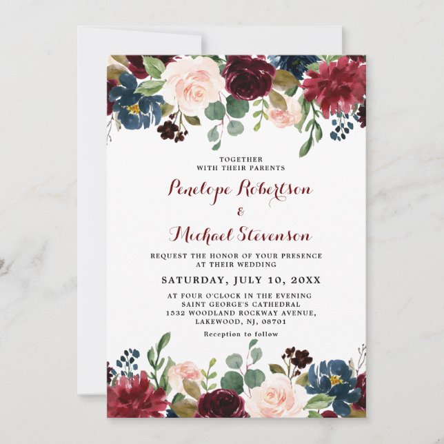 Invitación Boda floral rosa de Rubor azul de la Marina Borgoñ (Anverso)