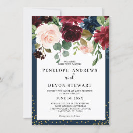 Invitación Boda floral rosa de Rubor azul de la Marina Borgoñ