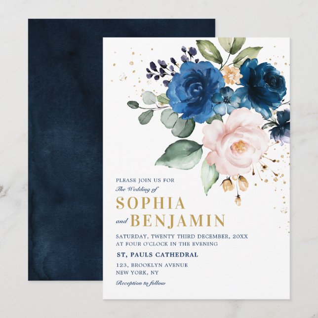 Invitación Boda floral Rosa de Rubor azul de la Marina de col (Anverso / Reverso)